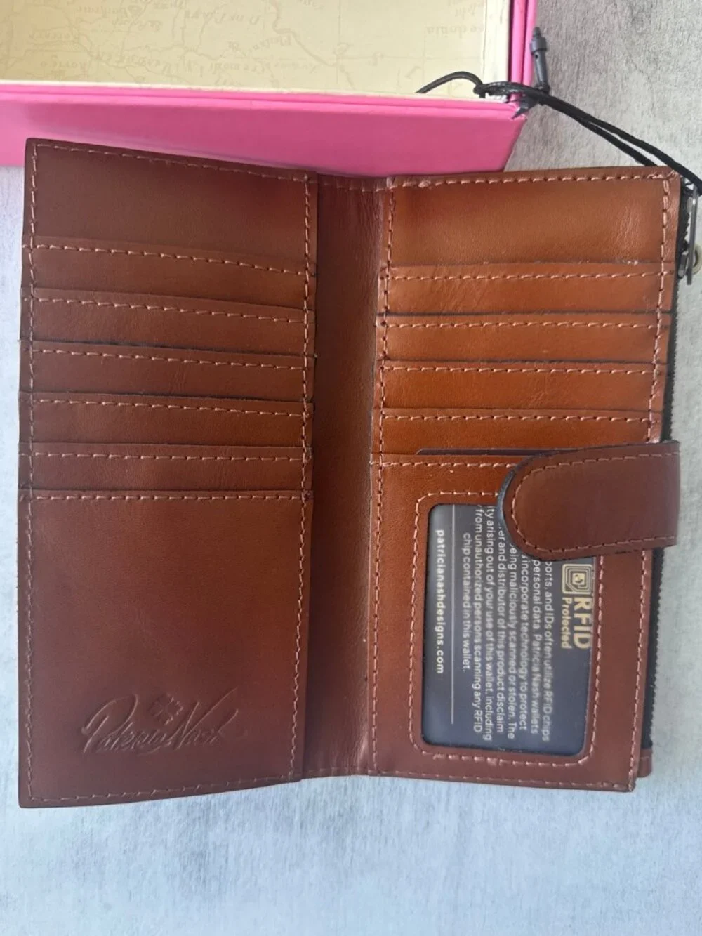 Patricia Nash Apricot Blossom Nazari Bi-Fold RFID Leather Floral Wallet Tan